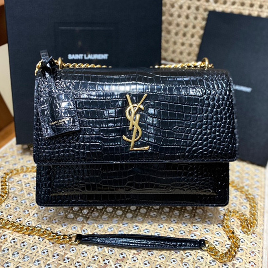 Saint Laurent Medium Embossed Crocodile Sunset Bag Black with Gold 442906