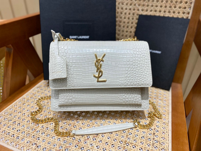 Saint Laurent Medium Embossed Crocodile Sunset Bag White with Gold 442906