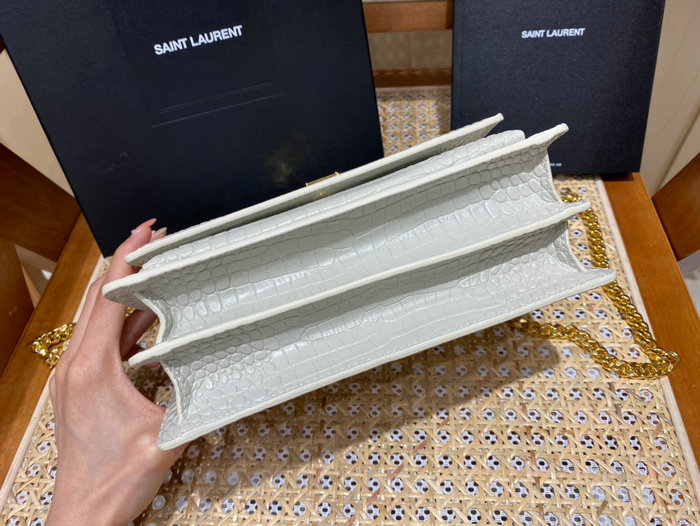 Saint Laurent Medium Embossed Crocodile Sunset Bag White with Gold 442906