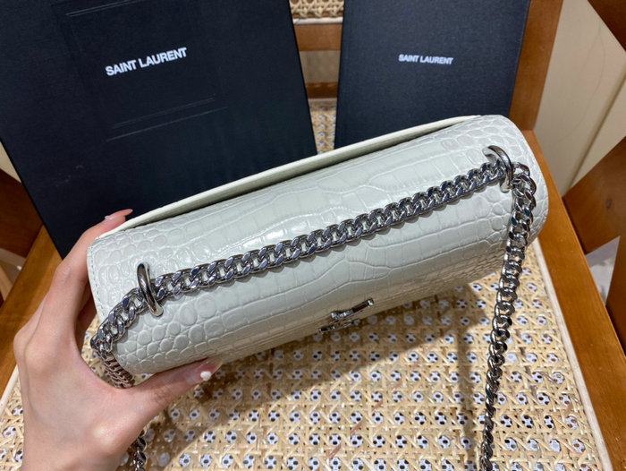 Saint Laurent Medium Embossed Crocodile Sunset Bag White with Silver 442906