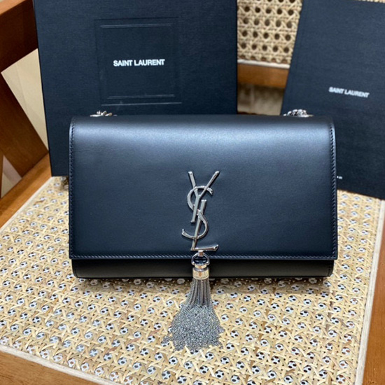 Saint Laurent Monogram Smooth Kate Tassel Bag Black with Silver 354119