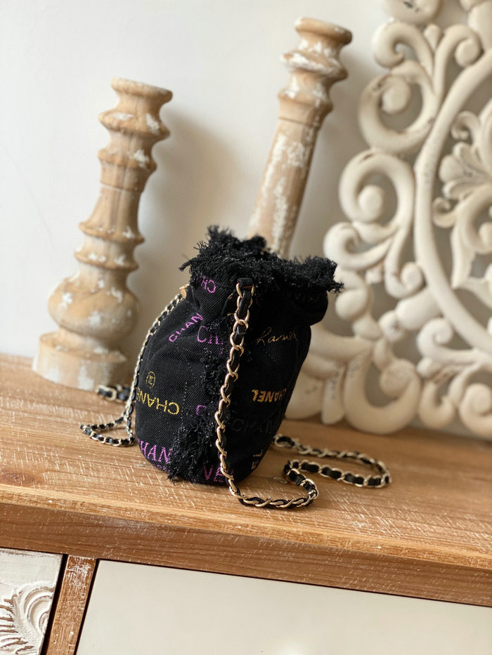 Chanel Denim Drawstring Bag Black AS2603