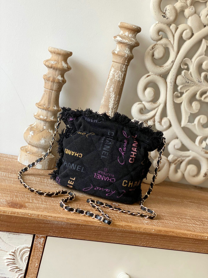 Chanel Denim Drawstring Bag Black AS2603