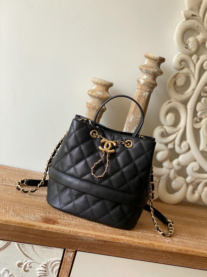 Chanel Grained Calfskin Drawstring Bag Black AS8309