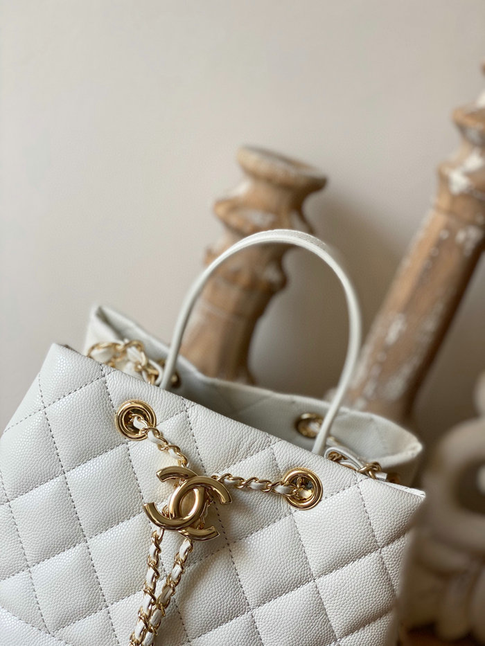 Chanel Grained Calfskin Drawstring Bag White AS8309