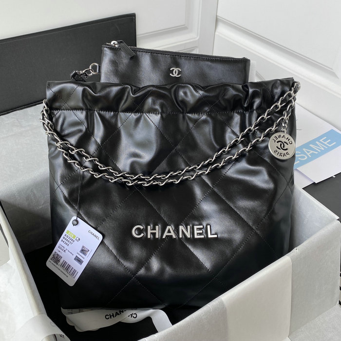 CHANEL Shiny Calfskin 22 SMALL HANDBAG Black with Silver AS3260