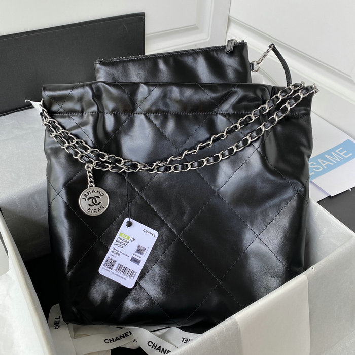 CHANEL Shiny Calfskin 22 SMALL HANDBAG Black with Silver AS3260