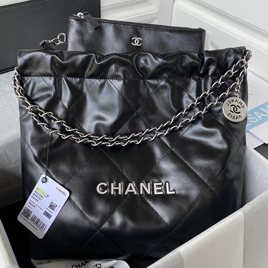 CHANEL Shiny Calfskin 22 SMALL HANDBAG Black with Silver AS3260