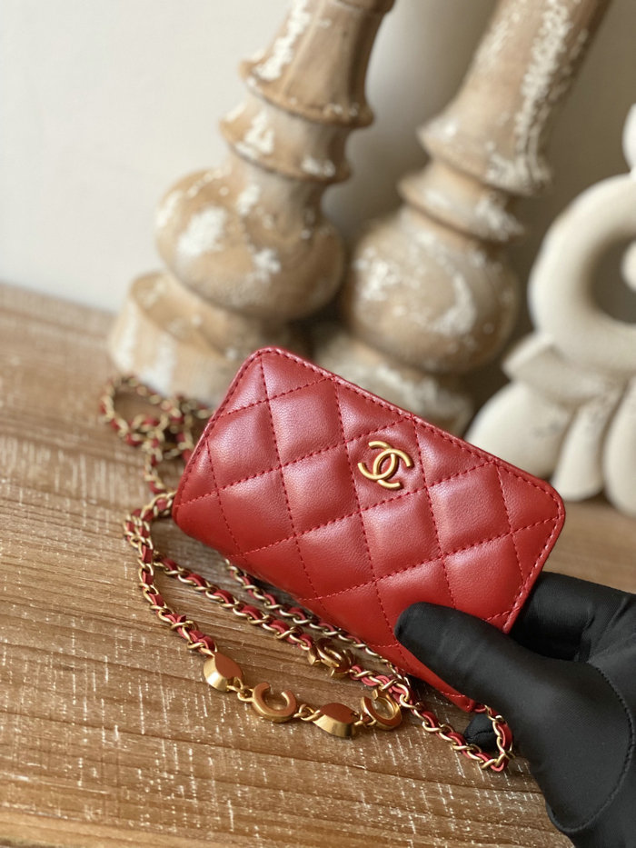Chanel Lambskin Chain Wallet Red AP81228