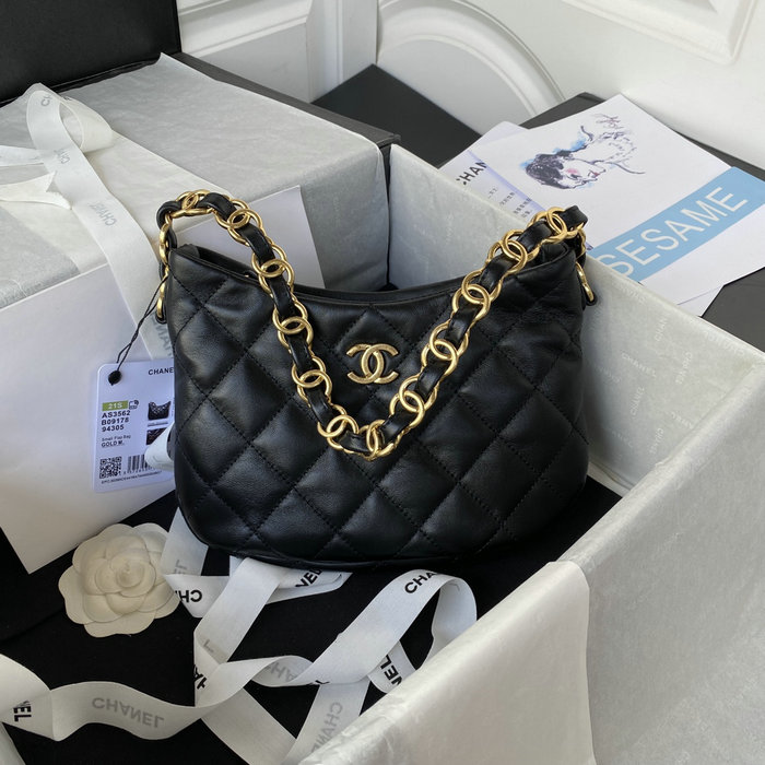 Chanel Lambskin HOBO HANDBAG Black AS3562