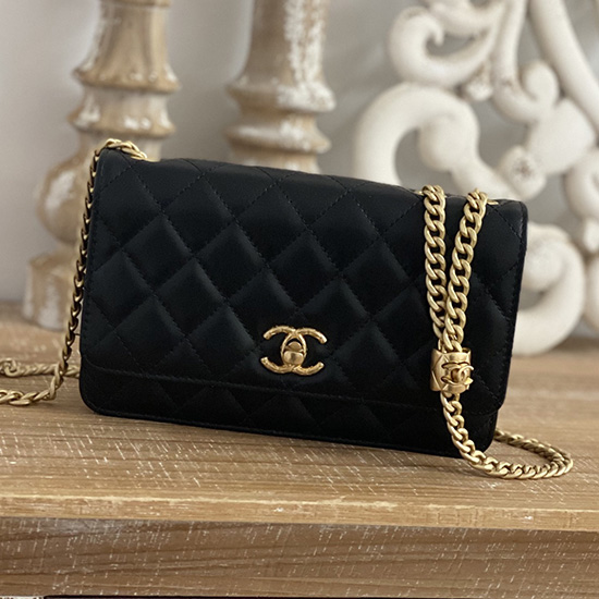 Chanel Lambskin Woc Chain Wallet Black AS81221