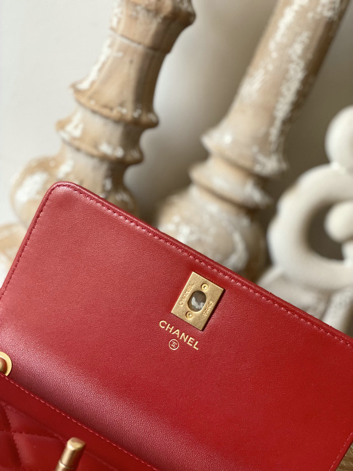 Chanel Lambskin Woc Chain Wallet Red AS81221