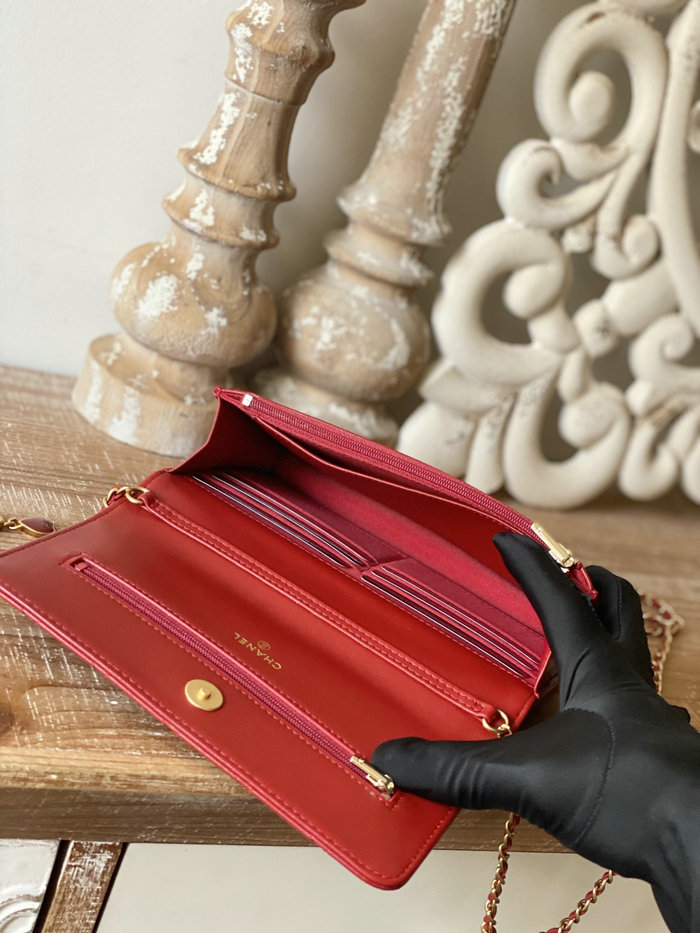Chanel Lambskin Woc Chain Wallet Red AS81225
