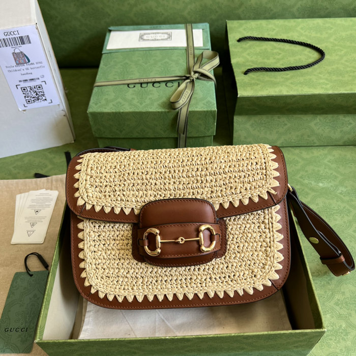 Gucci Horsebit 1955 Crocheted Raffia and Leather Shoulder Bag 602204