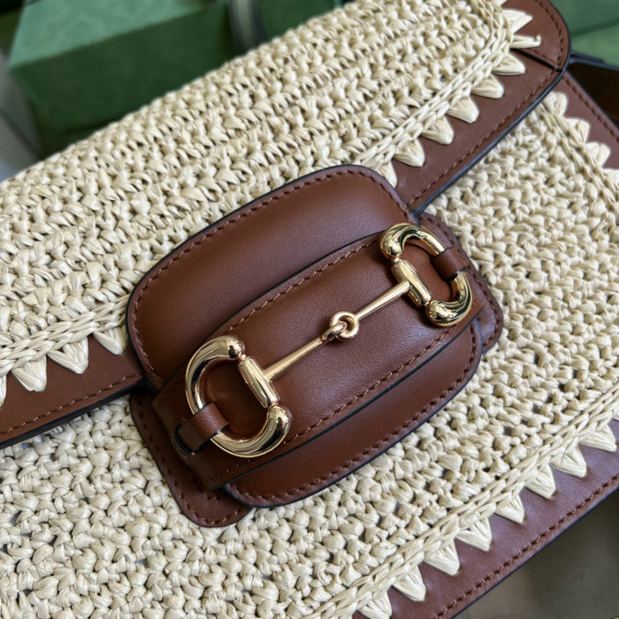 Gucci Horsebit 1955 Crocheted Raffia and Leather Shoulder Bag 602204