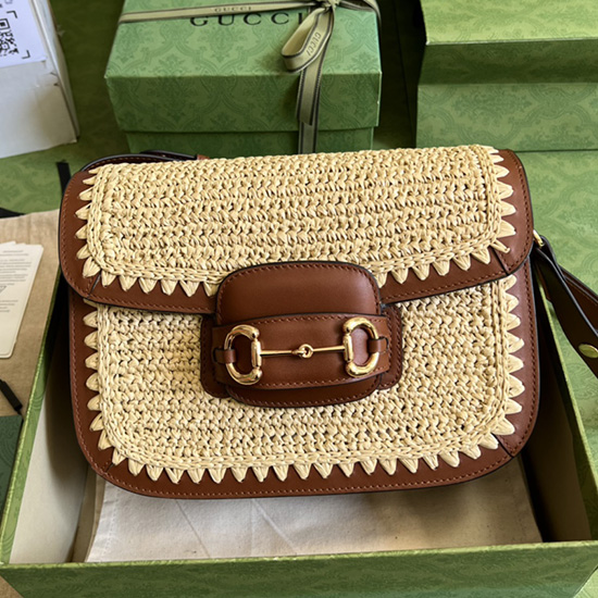 Gucci Horsebit 1955 Crocheted Raffia and Leather Shoulder Bag 602204