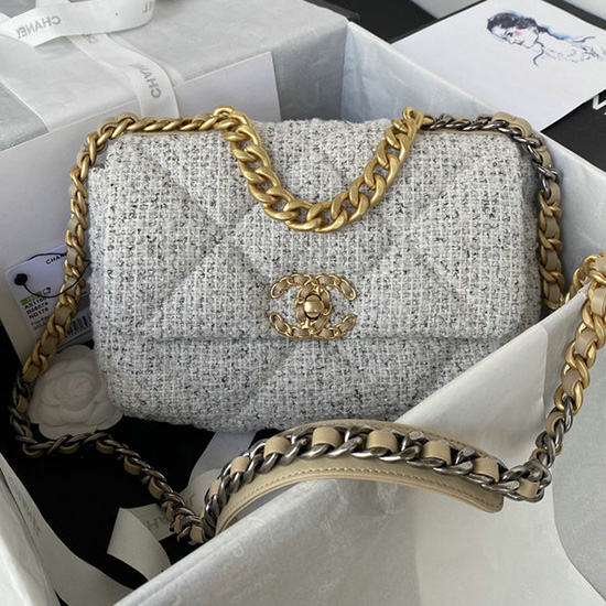Chanel 19 Tweed Flap Handbag Beige AS1160
