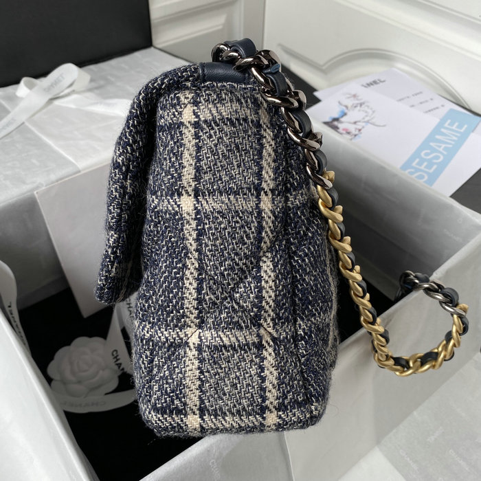 Chanel 19 Tweed Large Flap Handbag Blue AS1161
