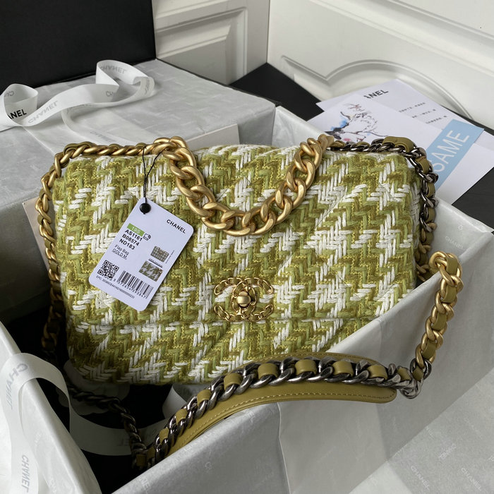 Chanel 19 Tweed Large Flap Handbag Green AS1161