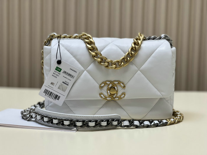 Chanel 19 Lambskin Flap Handbag White with Gold AS1160