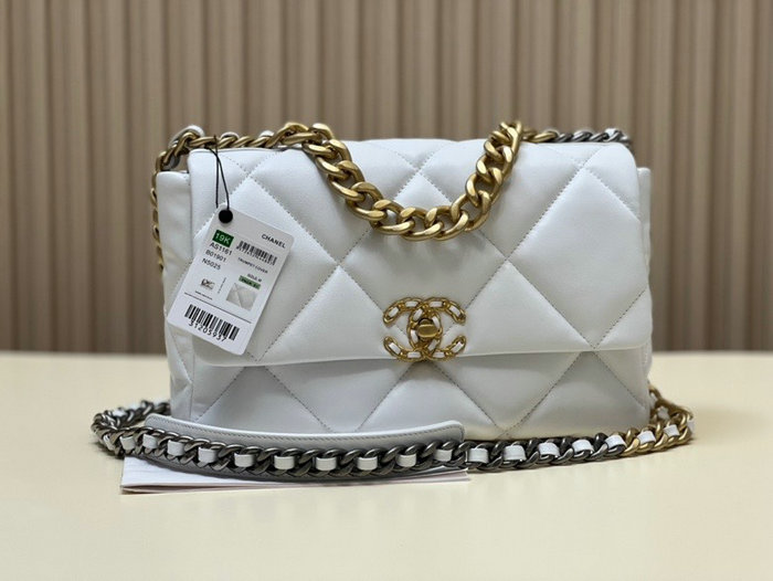 Chanel 19 Lambskin Large Flap Bag White with Gold AS1161