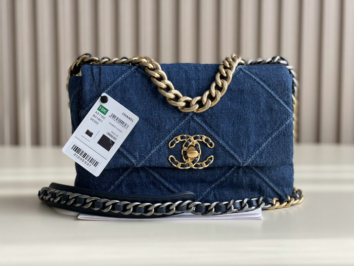 Chanel 19 Lambskin Denim Handbag Dark Blue with Gold AS1160