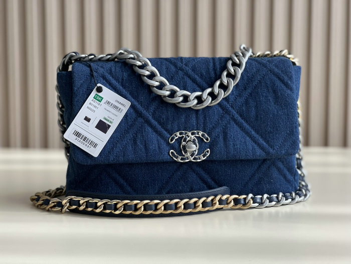 Chanel 19 Lambskin Denim Handbag Dark Blue with Silver AS1161