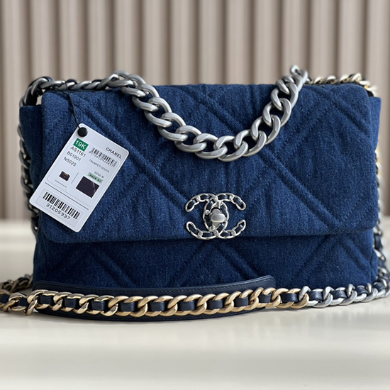 Chanel 19 Lambskin Denim Handbag Dark Blue with Silver AS1161