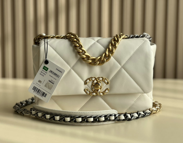 Chanel 19 Lambskin Flap Handbag Off-White Gold AS1160