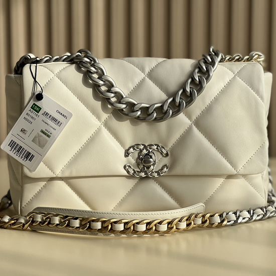 Chanel 19 Lambskin Large Flap Bag Off-White Silver AS1161