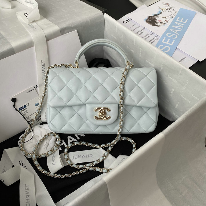 Chanel Lambskin Mini Flap Bag with Top Handle Light Blue AS2431