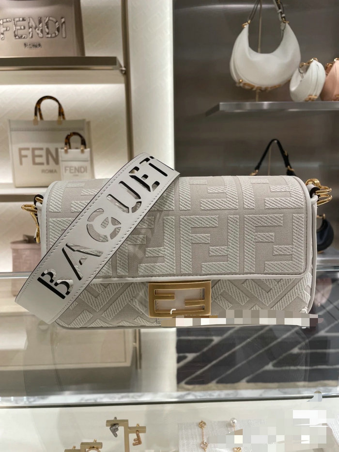 Fendi Baguette FF Canvas Bag White F8598