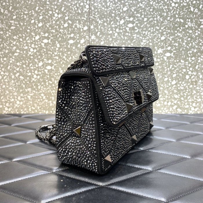 Valentino Medium Rhinestones Roman Stud Bag Black V0082