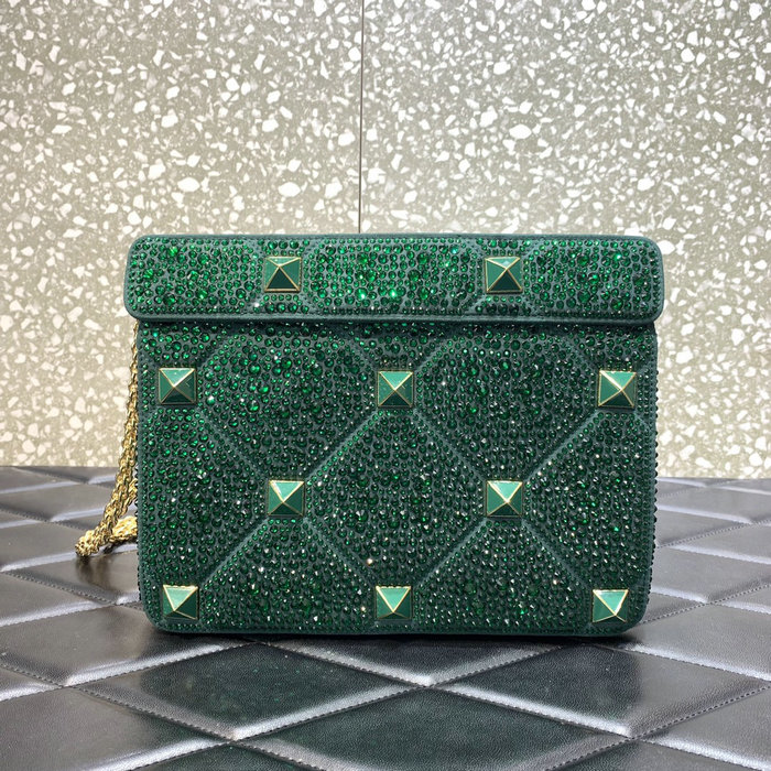 Valentino Medium Rhinestones Roman Stud Bag Green V0082