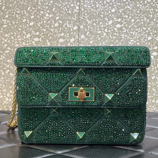 Valentino Medium Rhinestones Roman Stud Bag Green V0082