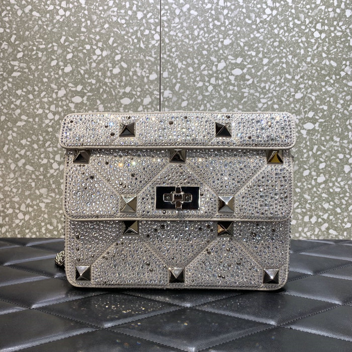 Valentino Medium Rhinestones Roman Stud Bag Silver V0082