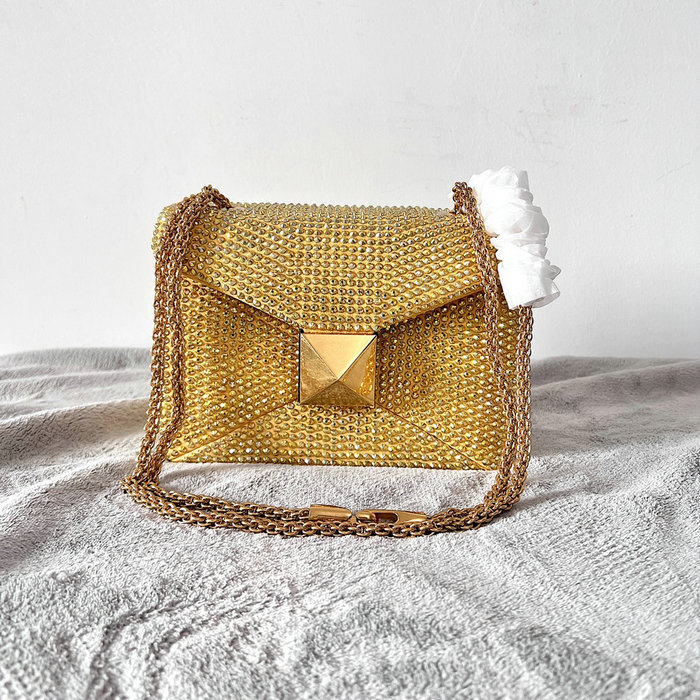 Valentino One Stud Rhinestone Embroidery Small Bag Yellow V0137