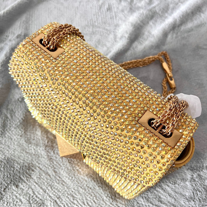 Valentino One Stud Rhinestone Embroidery Small Bag Yellow V0137