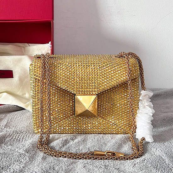 Valentino One Stud Rhinestone Embroidery Small Bag Yellow V0137