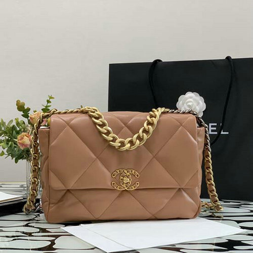 Chanel 19 Lambskin Large Flap Bag Off-White Camel AS1161