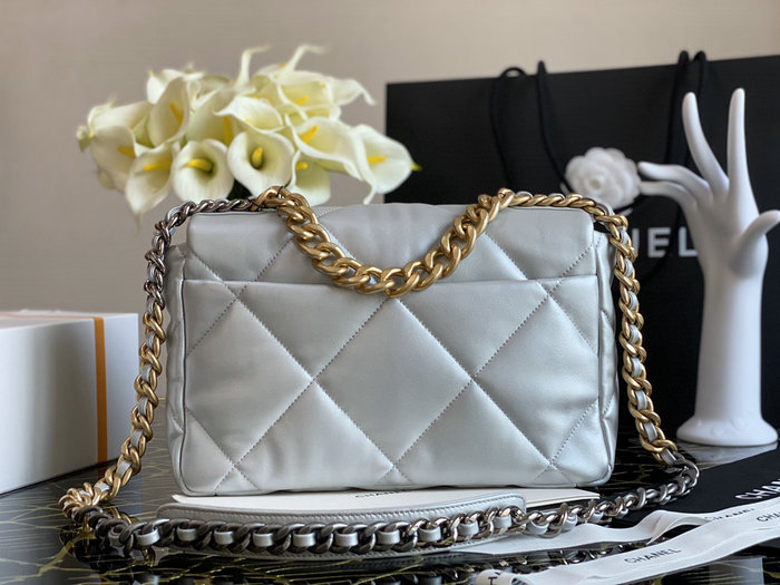 Chanel 19 Lambskin Large Flap Bag Off-White Silver AS1161