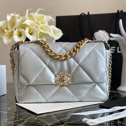 Chanel 19 Lambskin Large Flap Bag Off-White Silver AS1161