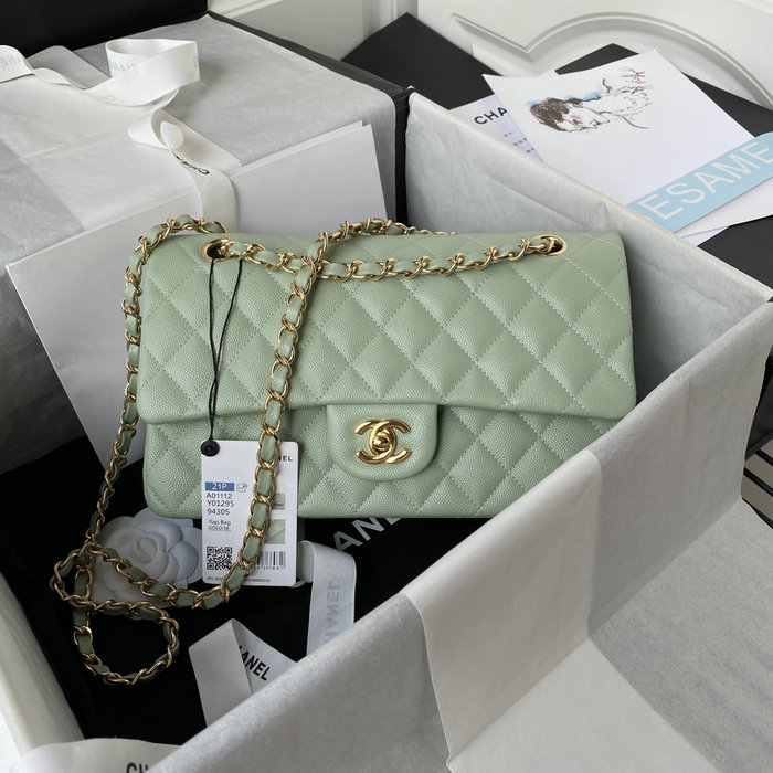 Classic Chanel Medium Flap Bag Green with Gold CF1112