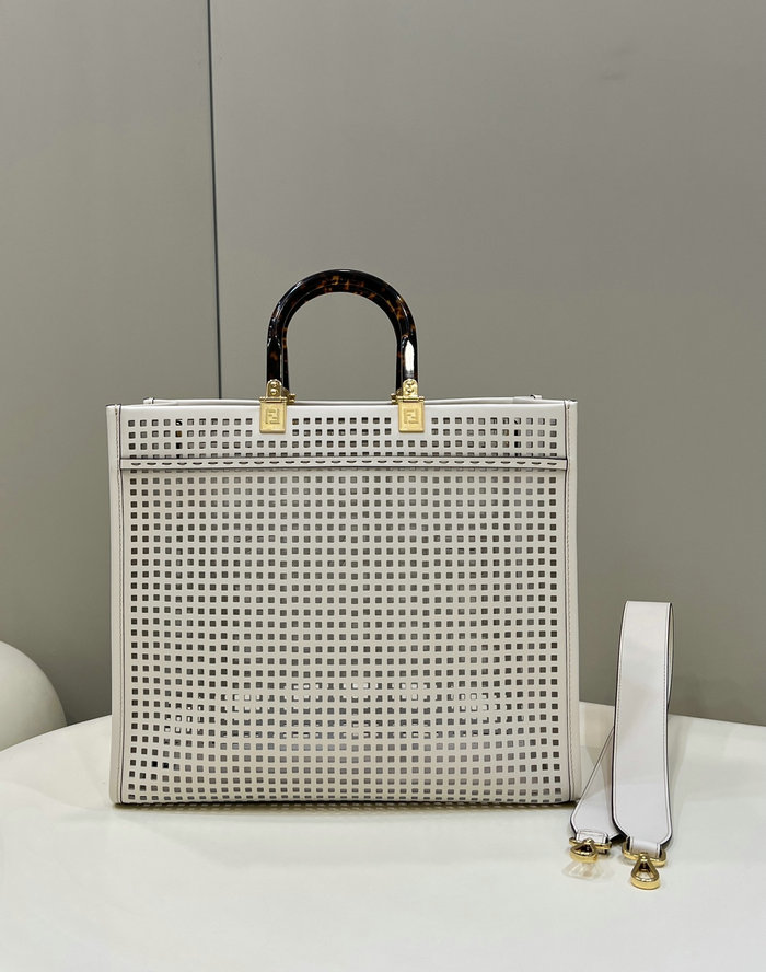 Fendi Sunshine Medium perforated leather shopper White F8575