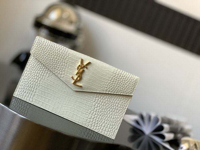 Saint Laurent Crocodile Clutch Bag White with Gold 565739