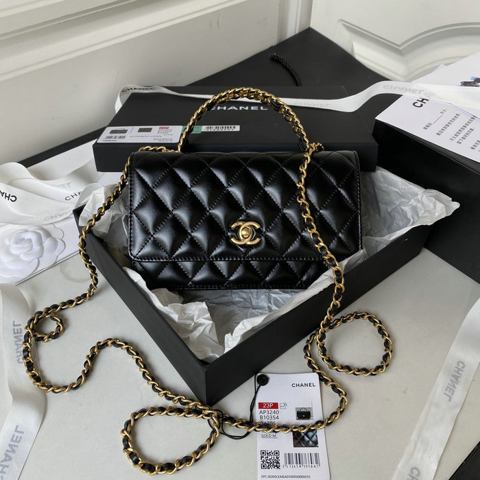 Chanel Shiny Calfskin Wallet On Chain Black AP3240