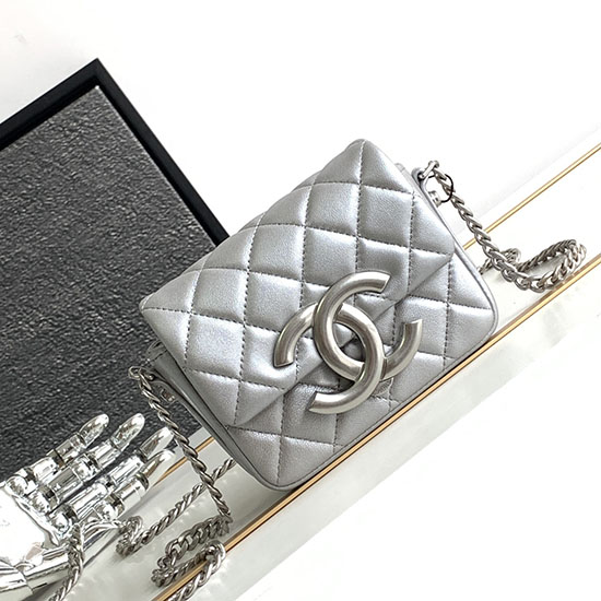 Mini Chanel Lambskin Flap Bag Silver AS3854