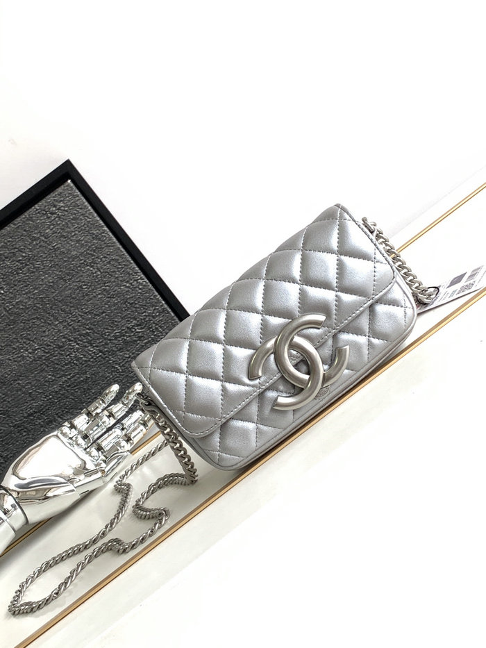 Small Chanel Lambskin Flap Bag Silver AS3207