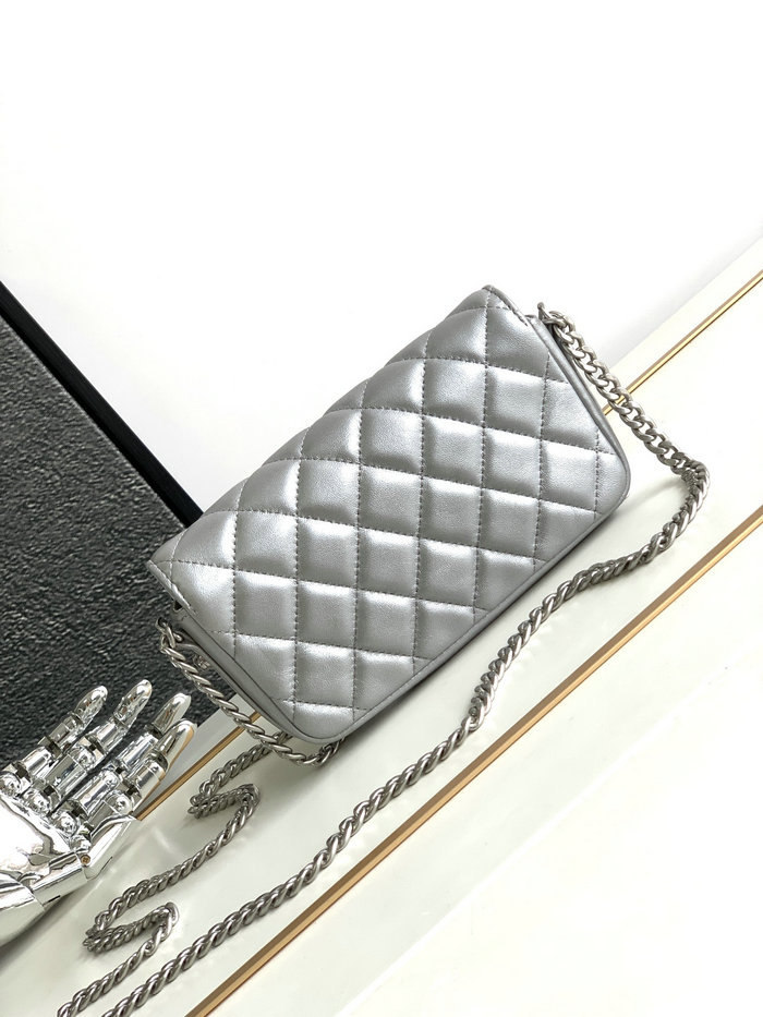 Small Chanel Lambskin Flap Bag Silver AS3207