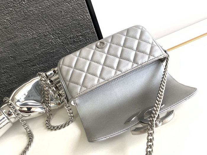 Small Chanel Lambskin Flap Bag Silver AS3207